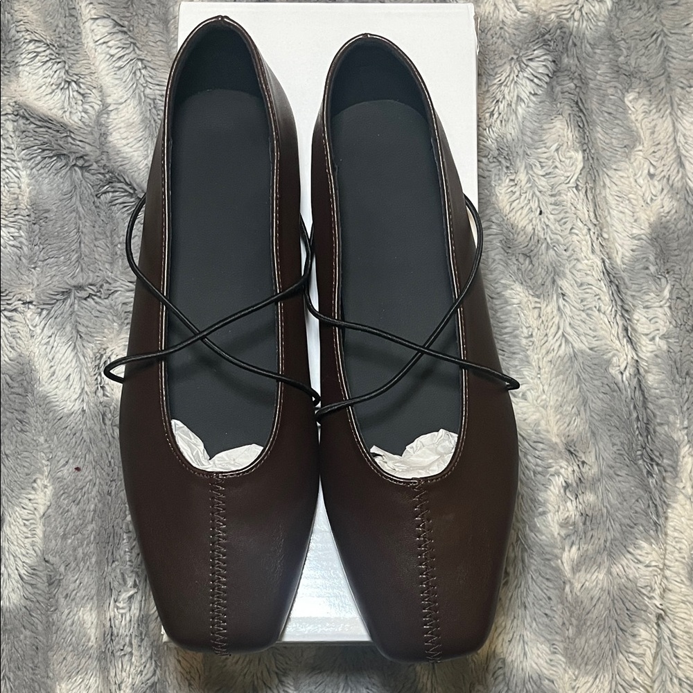 Brown Square-Toe Crisscross Strap Flats - Picture 4 of 17